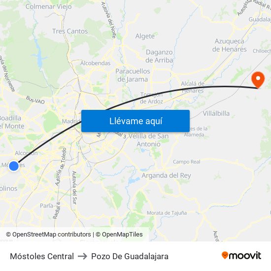 Móstoles Central to Pozo De Guadalajara map