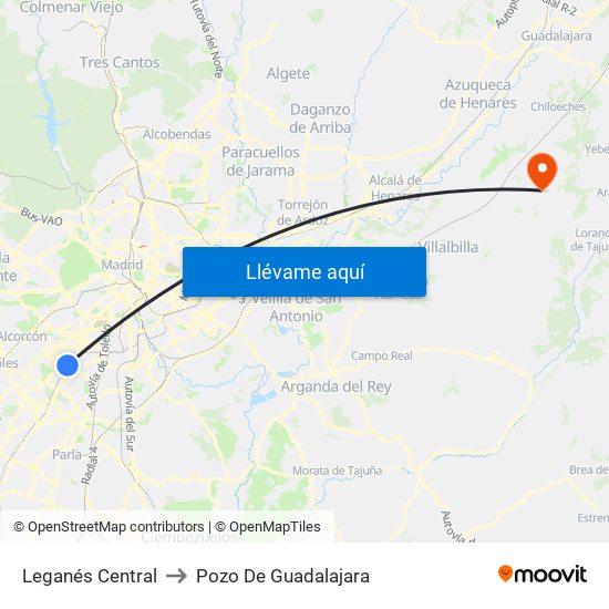 Leganés Central to Pozo De Guadalajara map