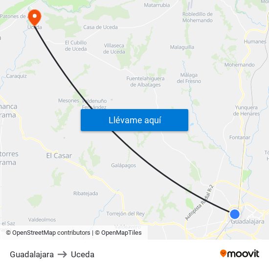 Guadalajara to Uceda map