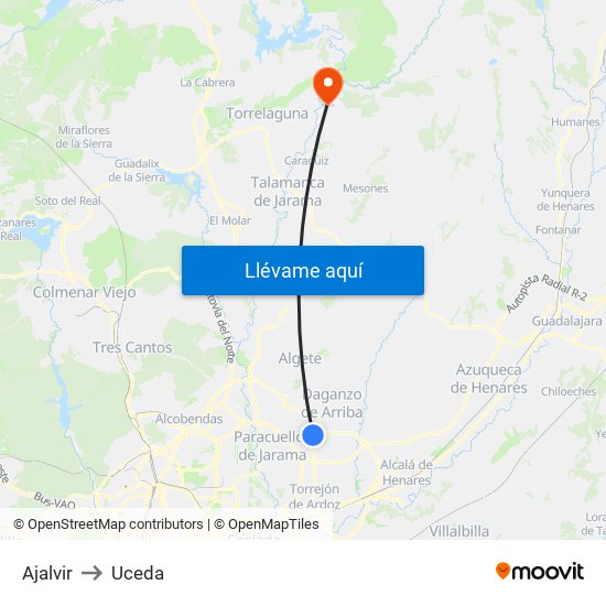 Ajalvir to Uceda map