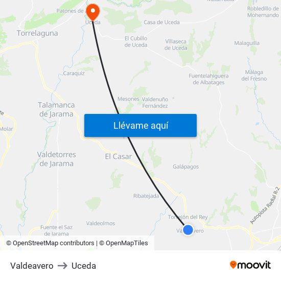 Valdeavero to Uceda map