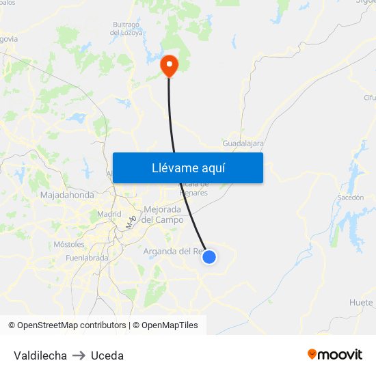 Valdilecha to Uceda map
