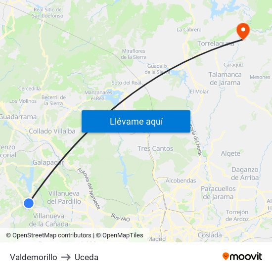 Valdemorillo to Uceda map