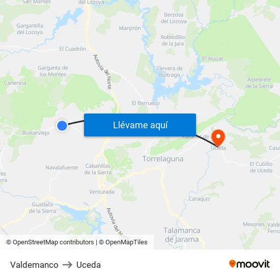 Valdemanco to Uceda map