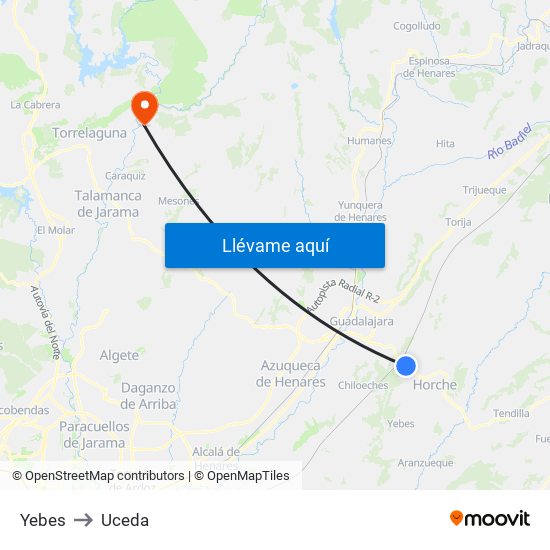Yebes to Uceda map
