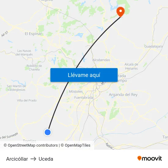 Arcicóllar to Uceda map