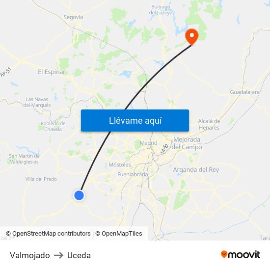 Valmojado to Uceda map
