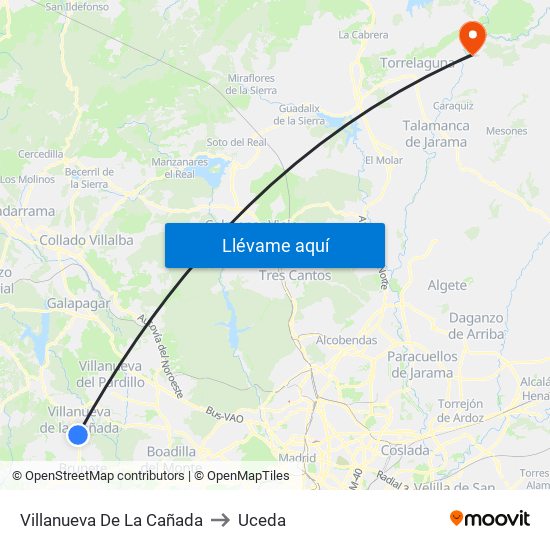 Villanueva De La Cañada to Uceda map