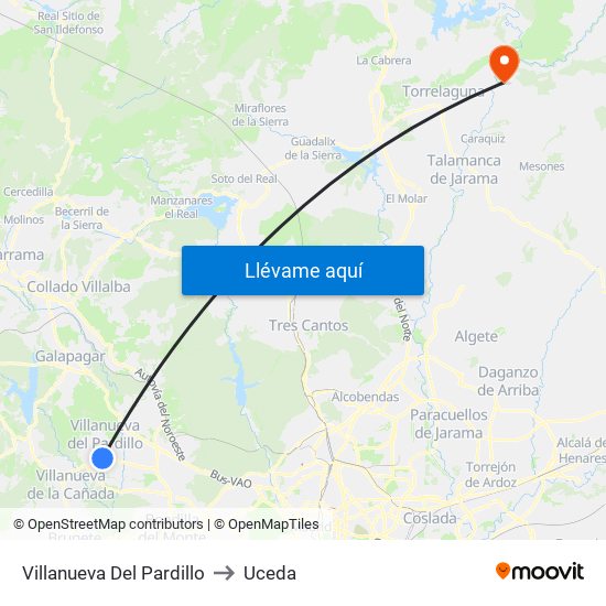 Villanueva Del Pardillo to Uceda map