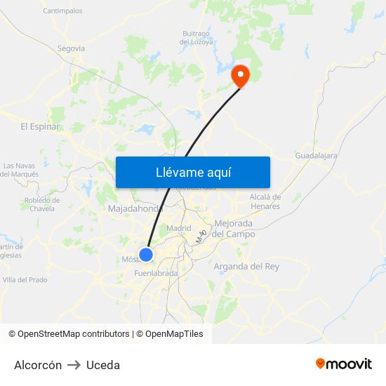 Alcorcón to Uceda map