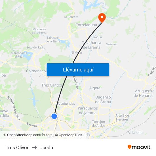 Tres Olivos to Uceda map