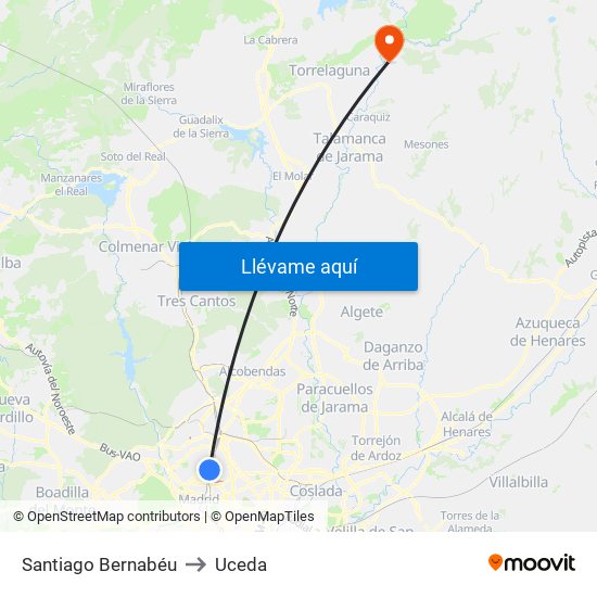 Santiago Bernabéu to Uceda map