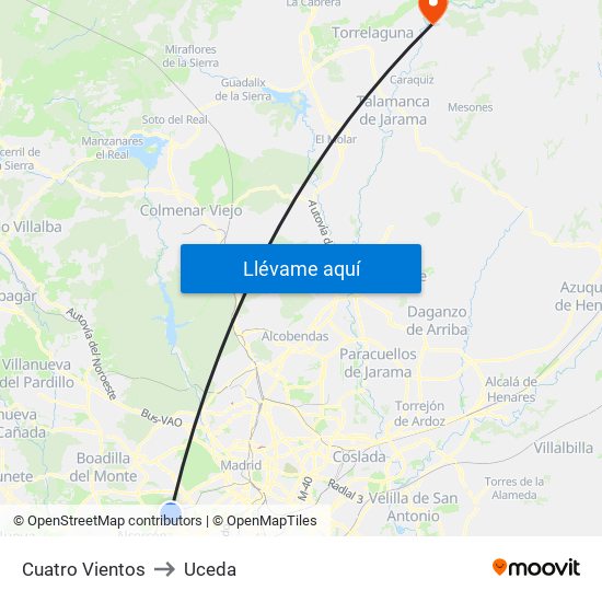 Cuatro Vientos to Uceda map