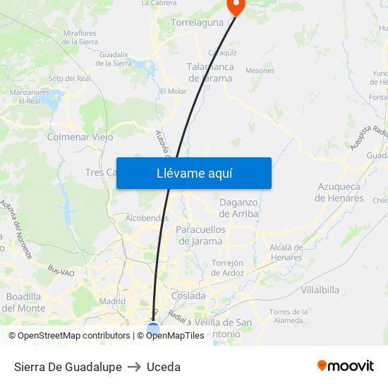 Sierra De Guadalupe to Uceda map