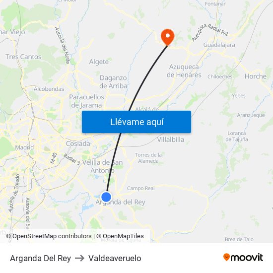 Arganda Del Rey to Valdeaveruelo map