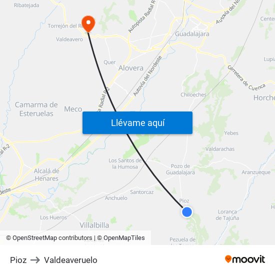 Pioz to Valdeaveruelo map