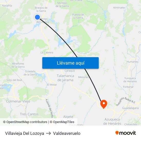 Villavieja Del Lozoya to Valdeaveruelo map