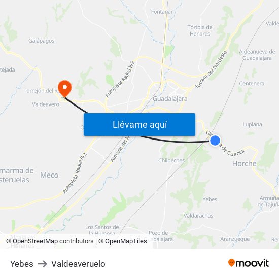Yebes to Valdeaveruelo map
