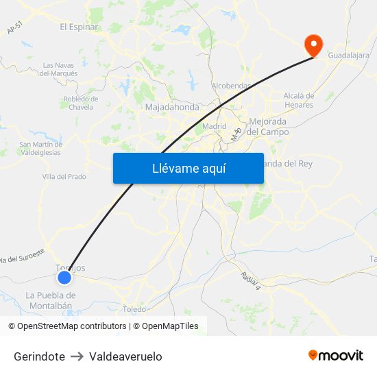 Gerindote to Valdeaveruelo map