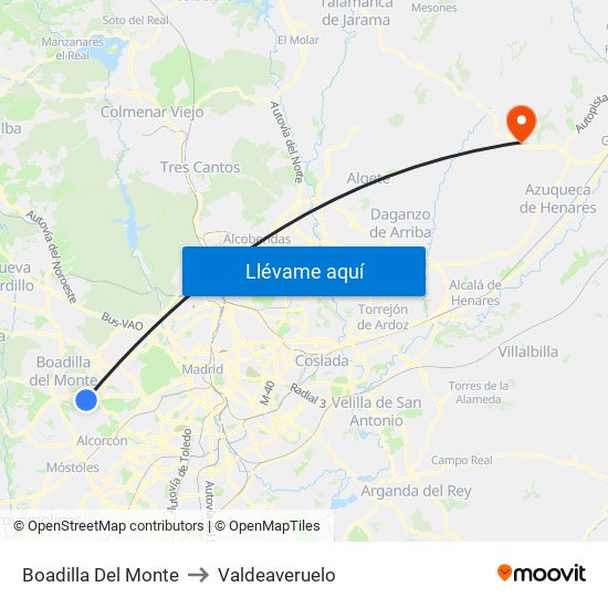 Boadilla Del Monte to Valdeaveruelo map