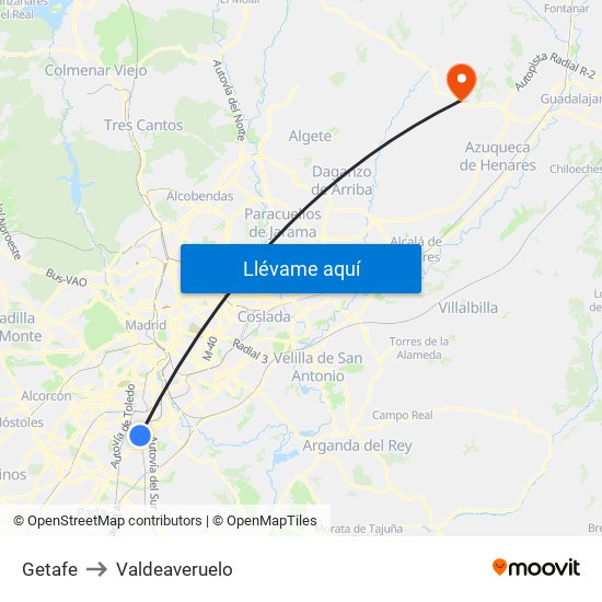 Getafe to Valdeaveruelo map