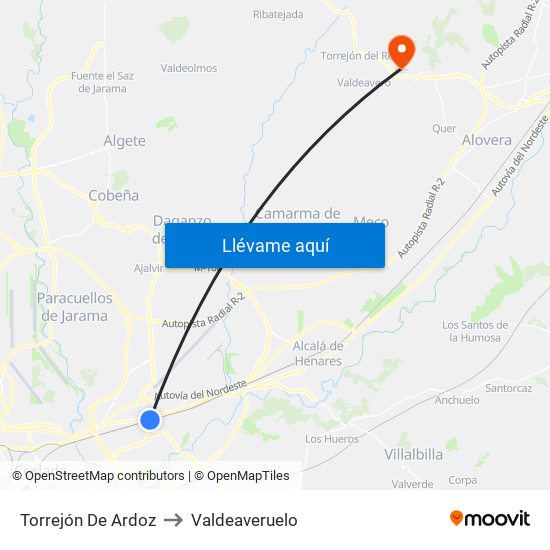 Torrejón De Ardoz to Valdeaveruelo map