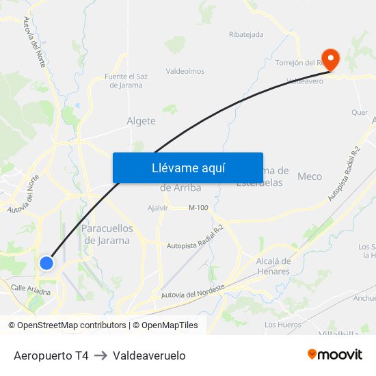 Aeropuerto T4 to Valdeaveruelo map