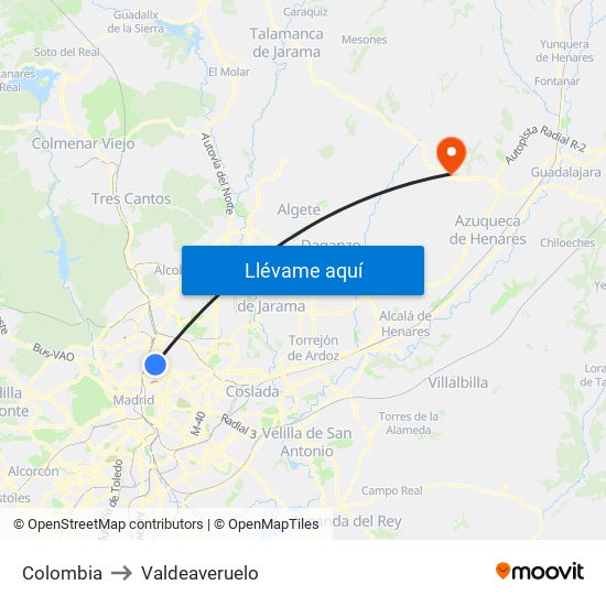 Colombia to Valdeaveruelo map
