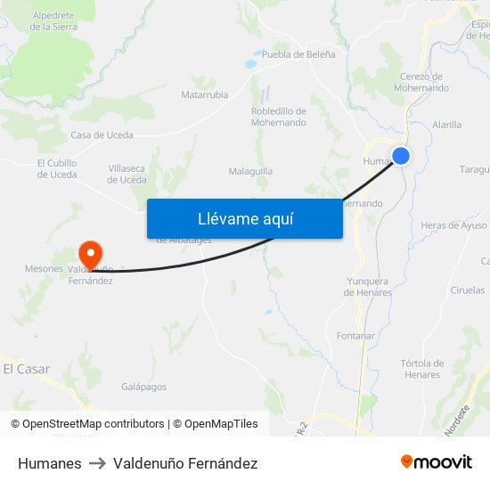 Humanes to Valdenuño Fernández map