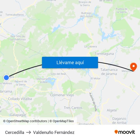 Cercedilla to Valdenuño Fernández map