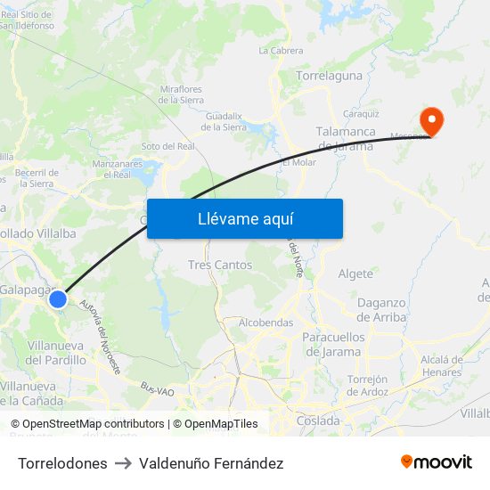 Torrelodones to Valdenuño Fernández map