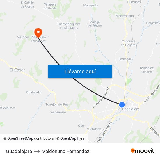 Guadalajara to Valdenuño Fernández map