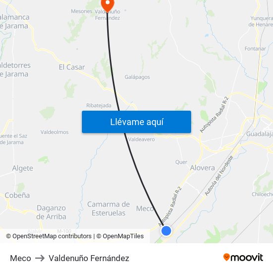 Meco to Valdenuño Fernández map