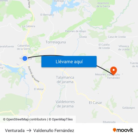 Venturada to Valdenuño Fernández map