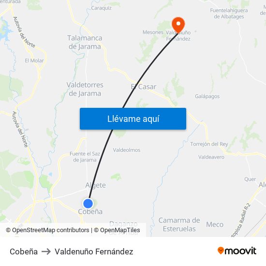 Cobeña to Valdenuño Fernández map