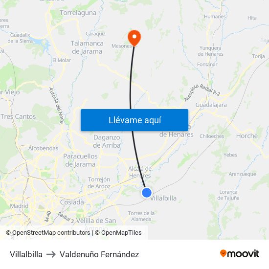 Villalbilla to Valdenuño Fernández map