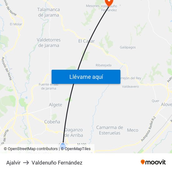 Ajalvir to Valdenuño Fernández map