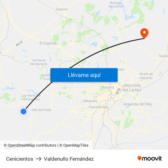 Cenicientos to Valdenuño Fernández map
