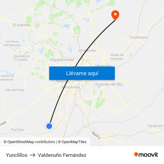 Yunclillos to Valdenuño Fernández map