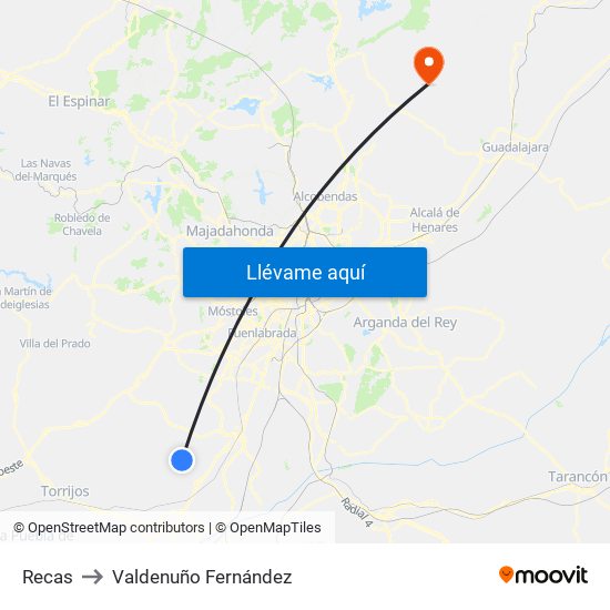 Recas to Valdenuño Fernández map