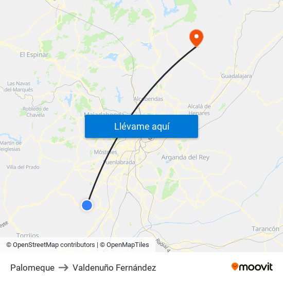 Palomeque to Valdenuño Fernández map