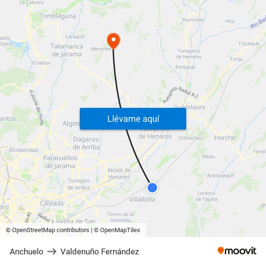 Anchuelo to Valdenuño Fernández map