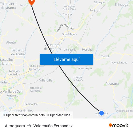 Almoguera to Valdenuño Fernández map
