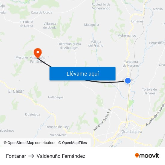 Fontanar to Valdenuño Fernández map
