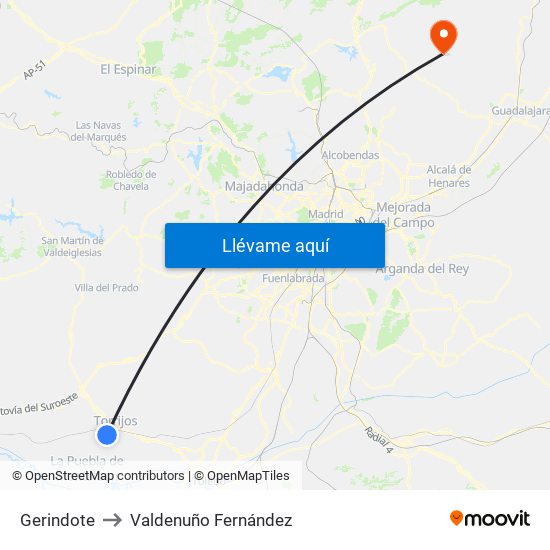 Gerindote to Valdenuño Fernández map