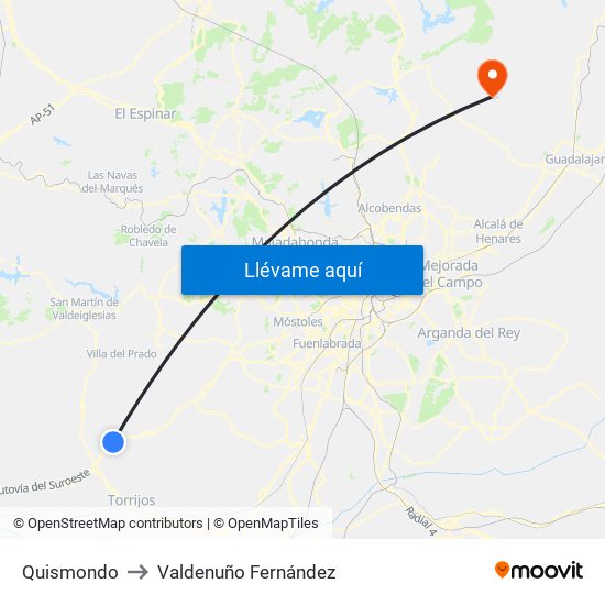 Quismondo to Valdenuño Fernández map