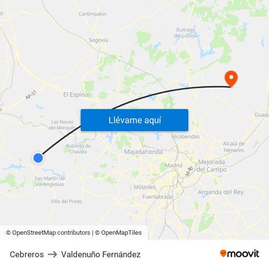 Cebreros to Valdenuño Fernández map