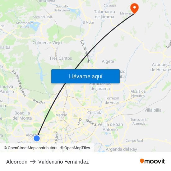 Alcorcón to Valdenuño Fernández map