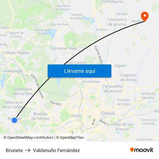 Brunete to Valdenuño Fernández map