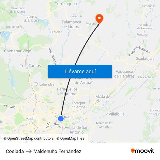 Coslada to Valdenuño Fernández map